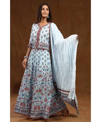 Blue Cambric Printed Flared
 Lehenga Choli Dupatta Set 1