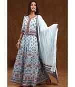 Blue Cambric Printed Flared
 Lehenga Choli Dupatta Set