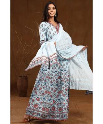 Blue Cambric Printed Flared
 Lehenga Choli Dupatta Set 2