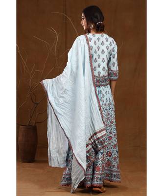 Blue Cambric Printed Flared
 Lehenga Choli Dupatta Set 3
