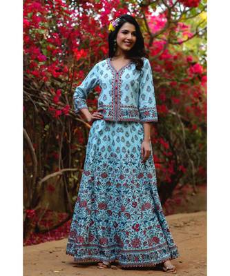 Blue Cambric Floral Print Top Skirt Set With Rubber-Band 1