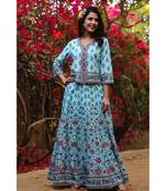 Blue Cambric Floral Print Top Skirt Set With Rubber-Band