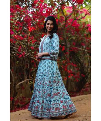Blue Cambric Floral Print Top Skirt Set With Rubber-Band 3