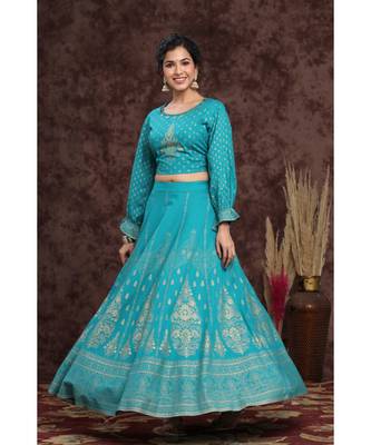 Teal Rayon Printed Lehenga Choli Set 1
