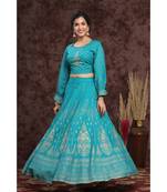 Teal Rayon Printed Lehenga Choli Set