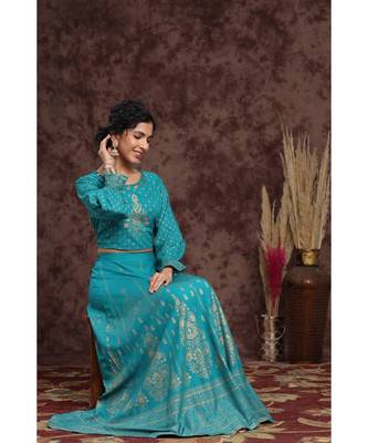 Teal Rayon Printed Lehenga Choli Set 2