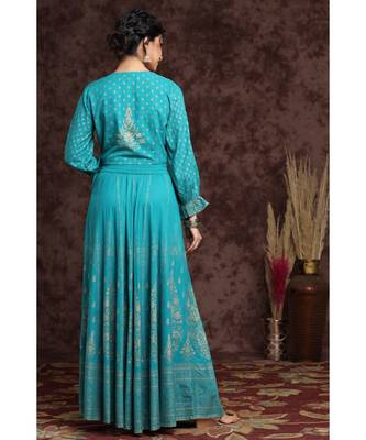 Teal Rayon Printed Lehenga Choli Set 3