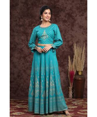 Teal Rayon Printed Lehenga Choli Set 4