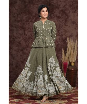Olive Georgette Printed Lehenga Choli 1