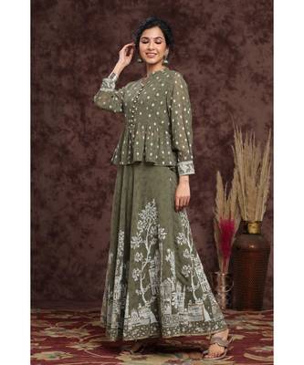 Olive Georgette Printed Lehenga Choli 4