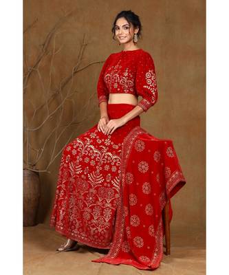 Maroon Velvet Printed Lehenga Choli Dupatta Set 2