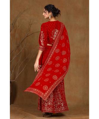 Maroon Velvet Printed Lehenga Choli Dupatta Set 3