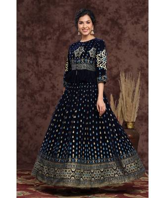 Indigo Velvet Printed Lehenga Choli Dupatta Set 1