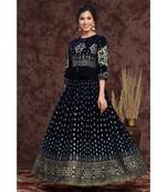 Indigo Velvet Printed Lehenga Choli Dupatta Set