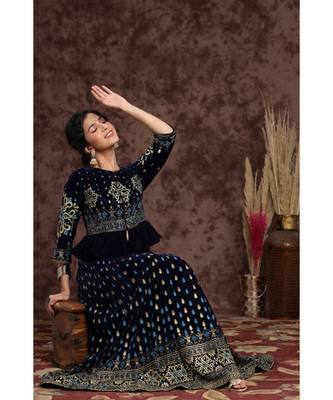 Indigo Velvet Printed Lehenga Choli Dupatta Set 2
