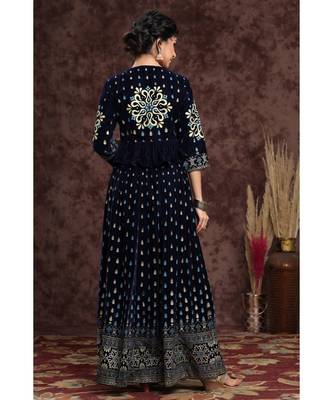 Indigo Velvet Printed Lehenga Choli Dupatta Set 3