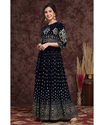 Indigo Velvet Printed Lehenga Choli Dupatta Set 4