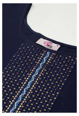 Women Navy Blue Yoke Design Regular Sequinned American Crape Kurta with Pant 5