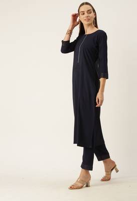 Women Navy Blue Yoke Design Regular Sequinned American Crape Kurta with Pant 6