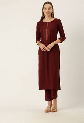 Women Maroon Yoke Design Regular Sequinned American Crape Kurta with Pant 7