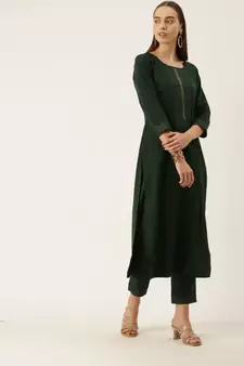 Women Green Yoke Design Regular Sequinned American Crape Kurta with Pant