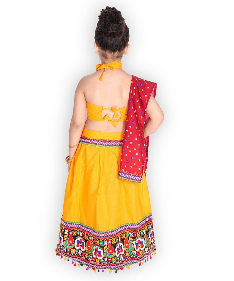 YELLOW Embroidery work halter neck choli with lehenga & dupatta