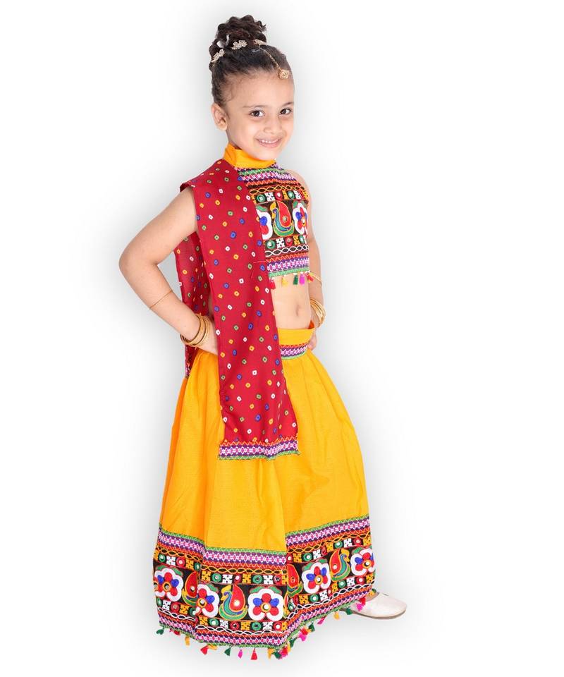 YELLOW Embroidery work halter neck choli with lehenga & dupatta