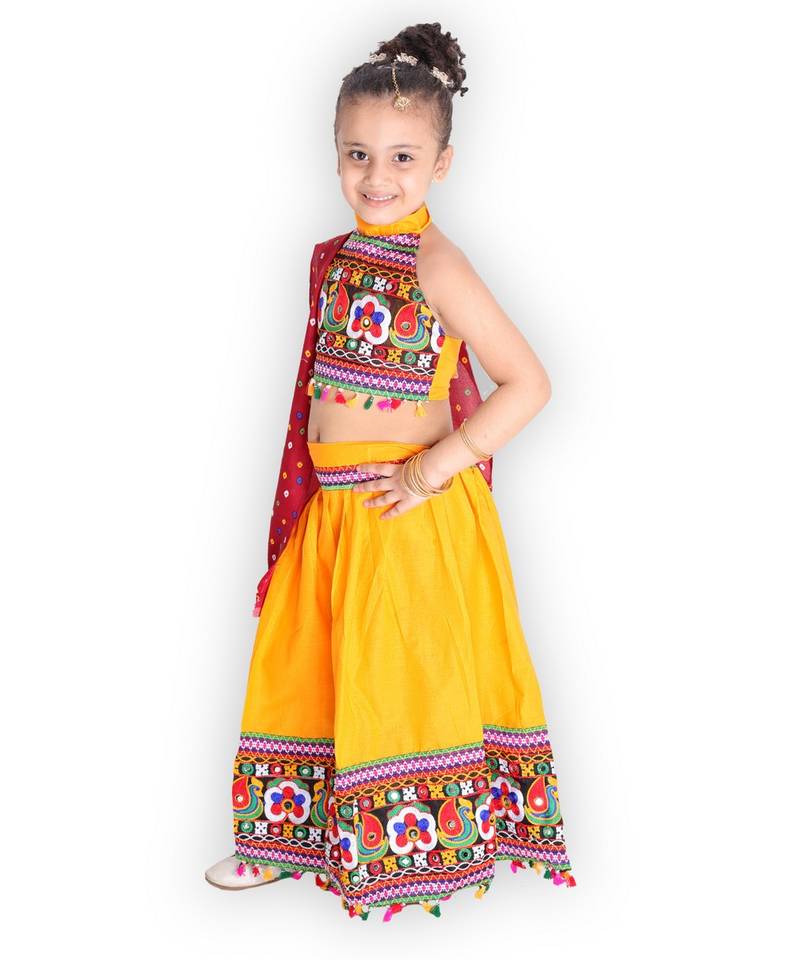 YELLOW Embroidery work halter neck choli with lehenga & dupatta