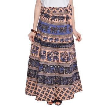 Beige Bagru Printed Cotton Wrap Around Long Skirt 1