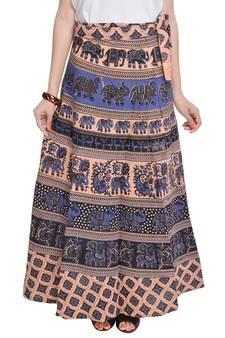 Beige Bagru Printed Cotton Wrap Around Long Skirt