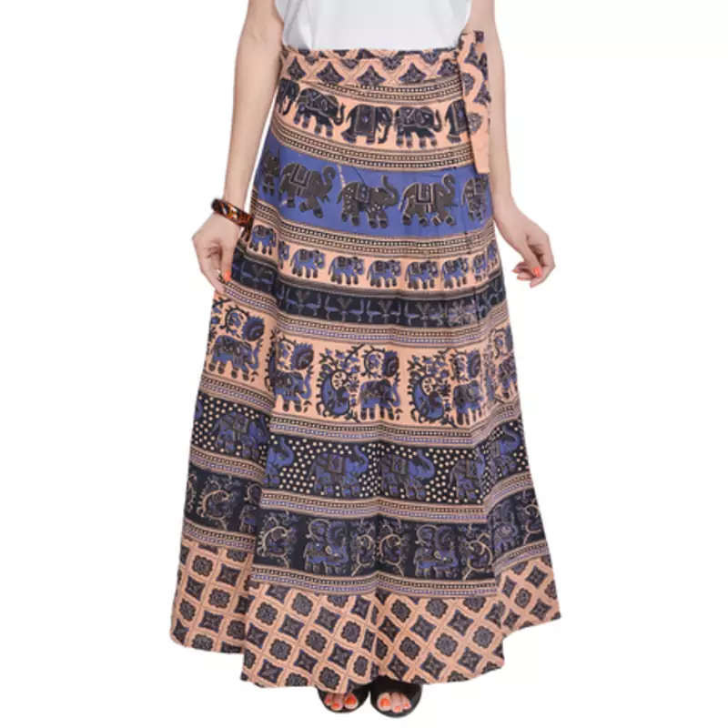 Beige Bagru Printed Cotton Wrap Around Long Skirt