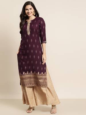 Wine Rayon Printed Straight Kurta 1