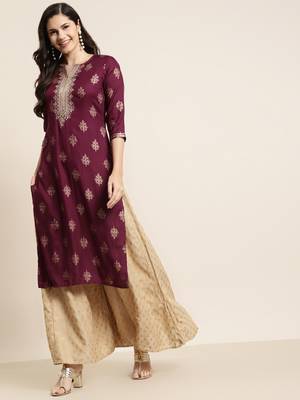 Burgundy Rayon Dobby Printed Straight Kurta 1