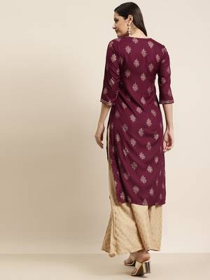 Burgundy Rayon Dobby Printed Straight Kurta 2