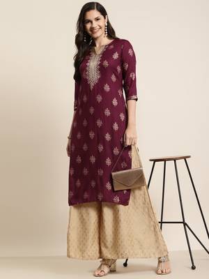 Burgundy Rayon Dobby Printed Straight Kurta 3