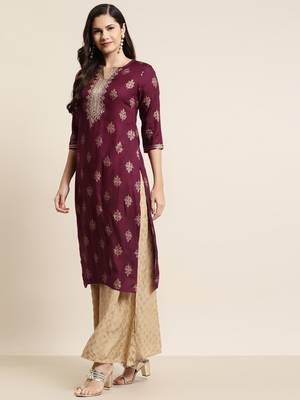 Burgundy Rayon Dobby Printed Straight Kurta 4