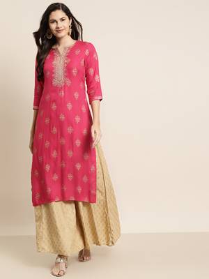 Fuschia Rayon Dobby Printed Straight Kurta 1
