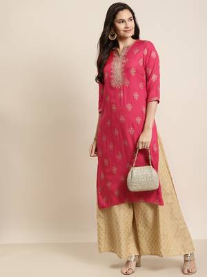 Fuschia Rayon Dobby Printed Straight Kurta 3