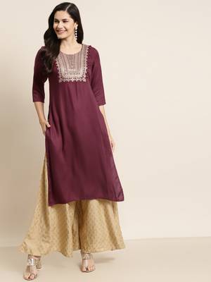 Burgundy Rayon Moss Embroidered Straight Kurta 1