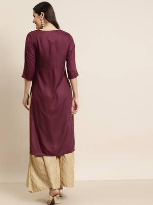 Burgundy Rayon Moss Embroidered Straight Kurta 2