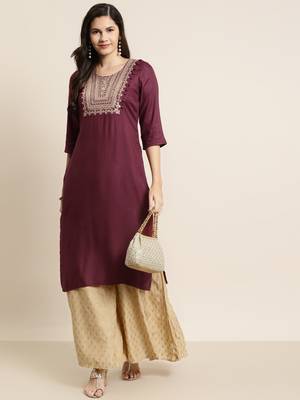 Burgundy Rayon Moss Embroidered Straight Kurta 3