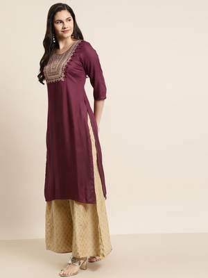 Burgundy Rayon Moss Embroidered Straight Kurta 4