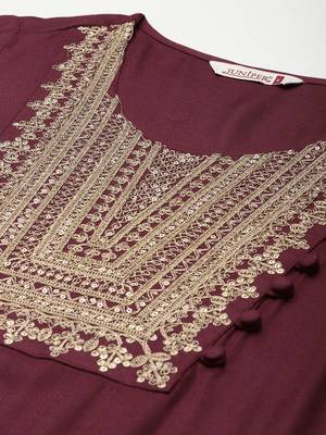 Burgundy Rayon Moss Embroidered Straight Kurta 5