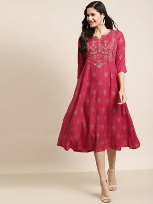 Fuschia Rayon Embroidery A-Line Dress 1
