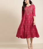 Fuschia Rayon Embroidery A-Line Dress