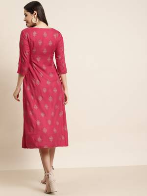Fuschia Rayon Embroidery A-Line Dress 2