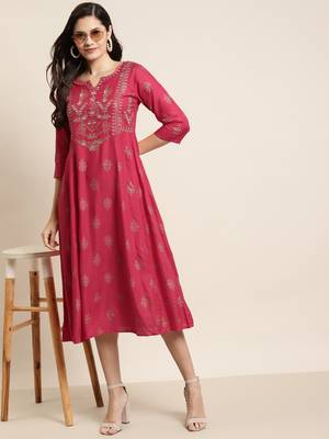 Fuschia Rayon Embroidery A-Line Dress 3
