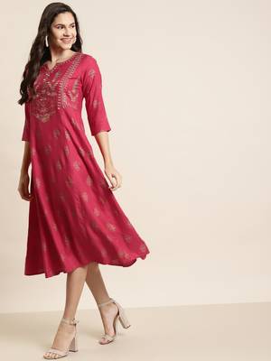 Fuschia Rayon Embroidery A-Line Dress 4