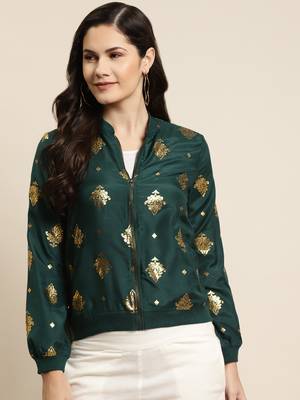Jadegreen Poly Crepe Printed Straight Bomber Jacket 1