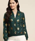 Jadegreen Poly Crepe Printed Straight Bomber Jacket